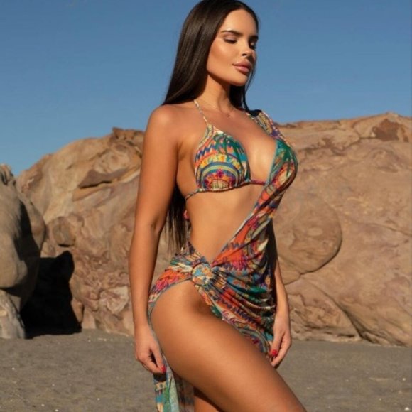 Tropical Print Halter Triangle Bikini Swimsuit With Cover Up - Picture 2 of 3